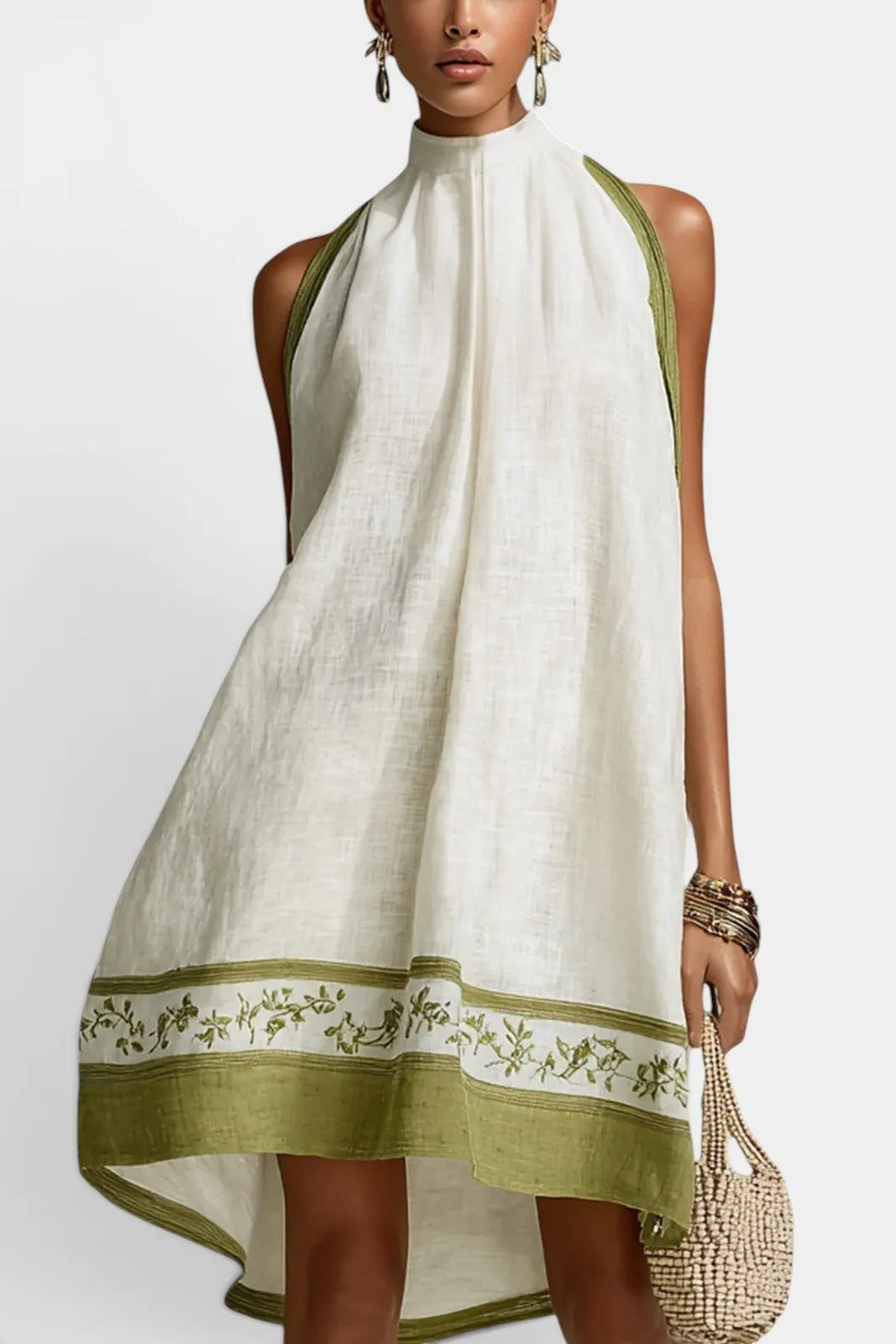 Sleeveless A-Line Mini Dress with High Neck & Floral Embroidery