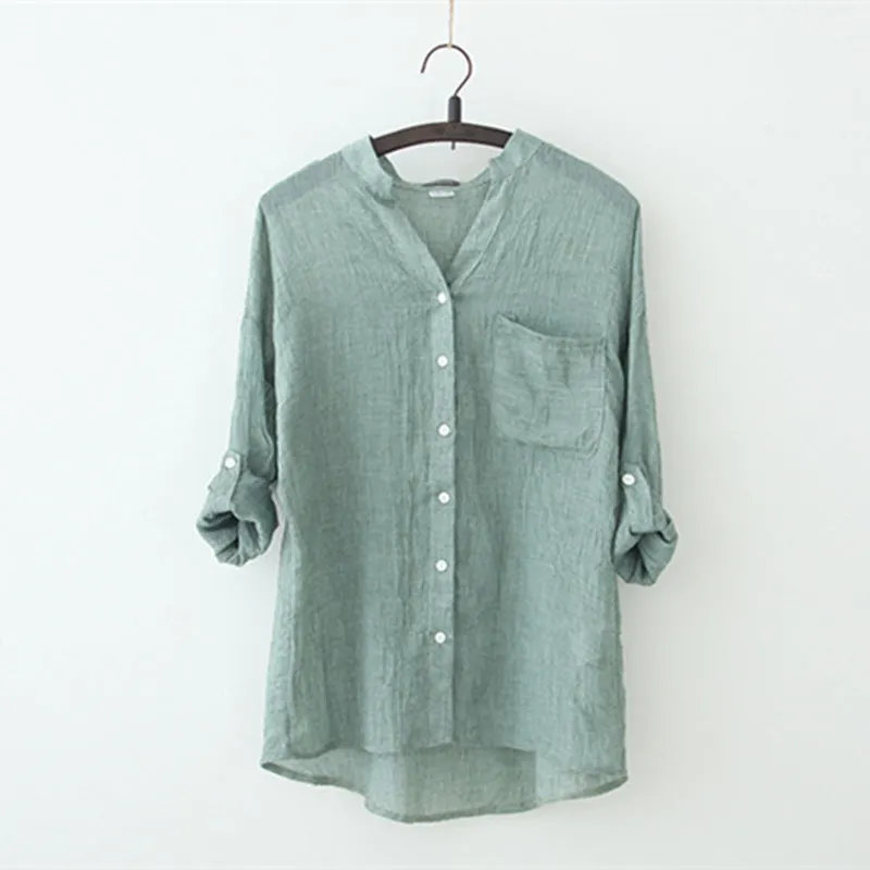 Brownm Fresh Loose Cotton Linen Three-quarter Temperament Commute Sleeve Collar Women's Shirt