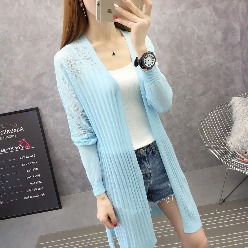 Thin Ice Silk Knitted Cardigan Women's Hollow Out Medium Length Sunscreen Clothing Fashion Korean Jacket Air Conditioning Shirt