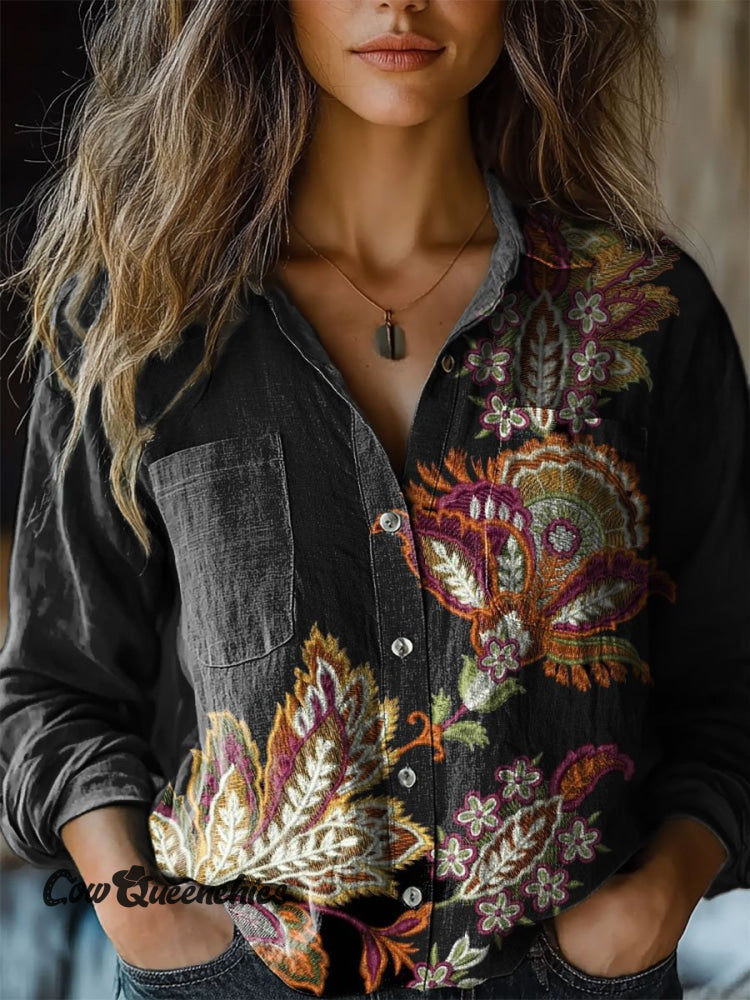 Women’s Vintage Embroidered Floral Art Print Casual Long Sleeve Comfortable Cotton Shirt