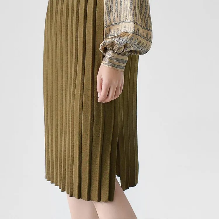 Olive knit pleated dress plus size high neck sleeveless dresses