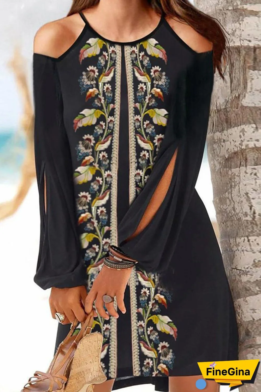 Bohemian Cold Shoulder Long Sleeve Dress