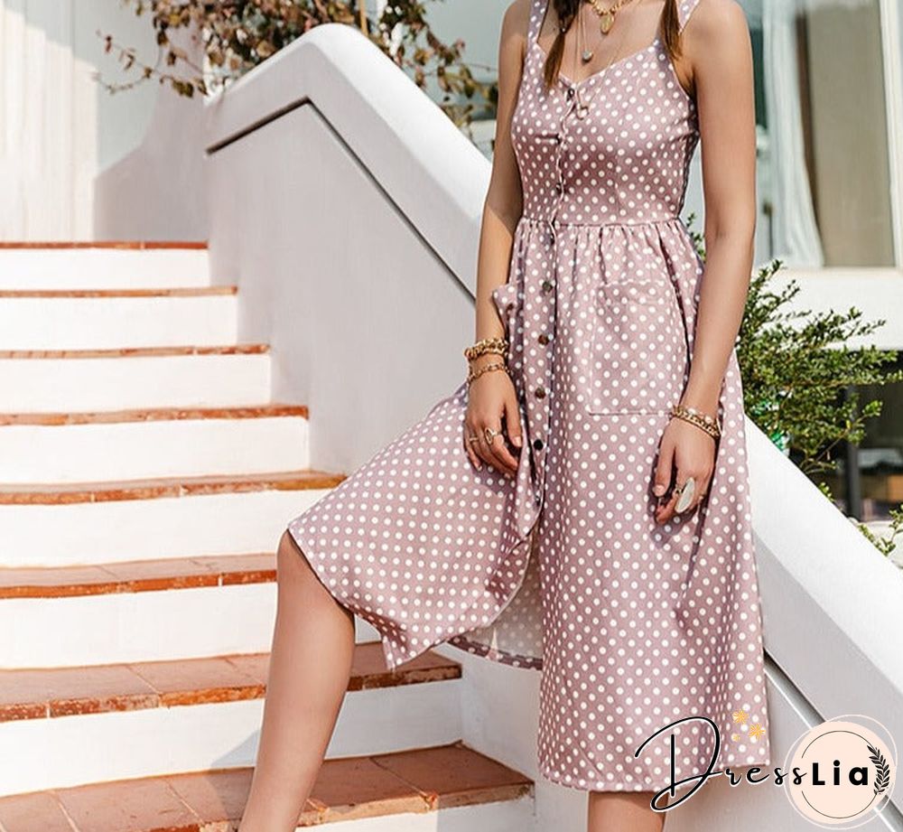 Casual Polka Dot Dress Sleeveless Holiday style high waist buttoned women's Dress Fashion Mid-length summer dresses NEW