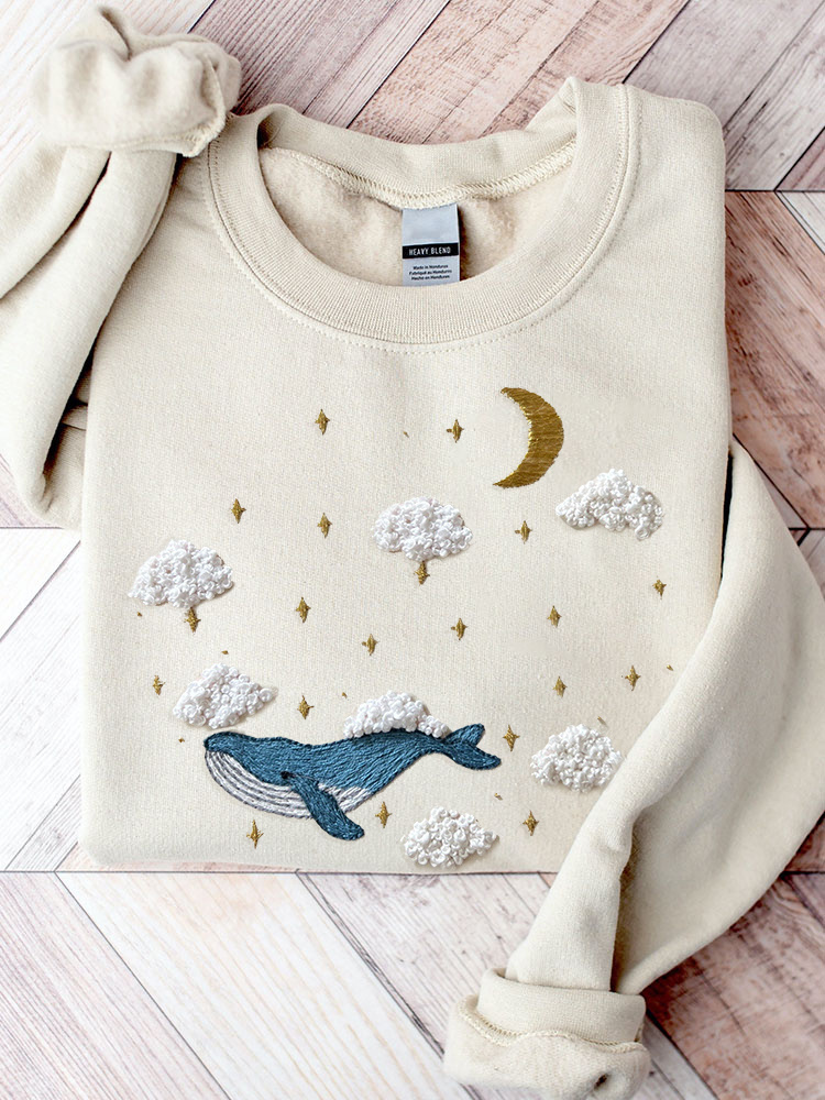 Whale Pattern Embroidery Art Cozy Sweatshirt wearshes