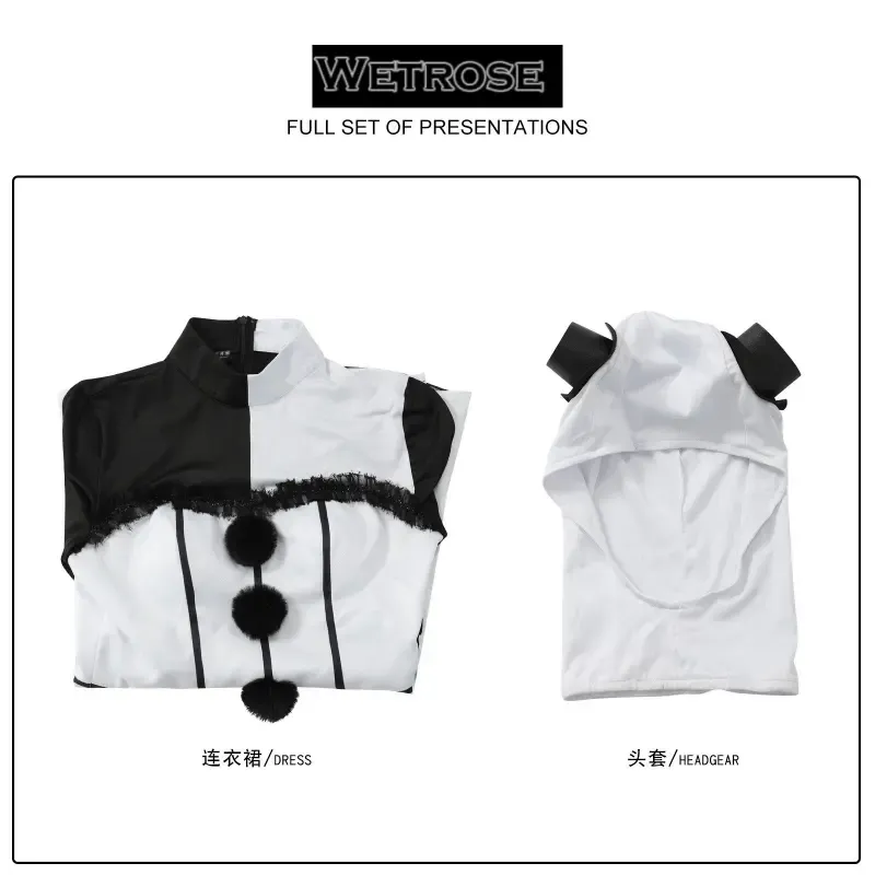 [Wetrose] In Stock Black White Split Clown Hood Dress Horror Party Cosplay Costume Halloween Xmas