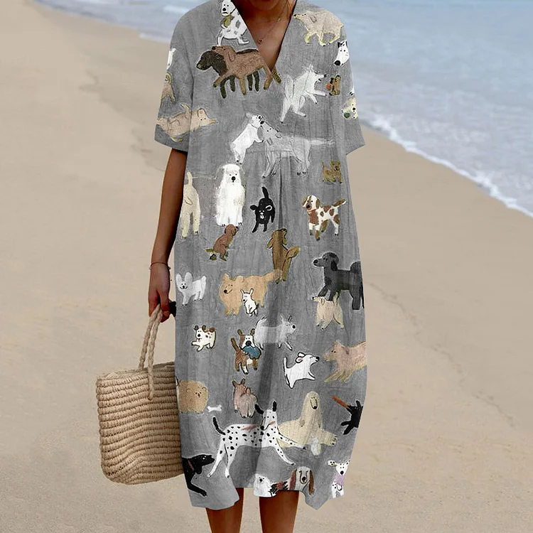 Dog Print V-Neck Loose Midi Dress