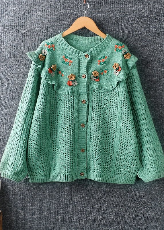 Fine Green Loose Ruffles Embroideried Button Fall Knit Sweater CK1650- Fabulory