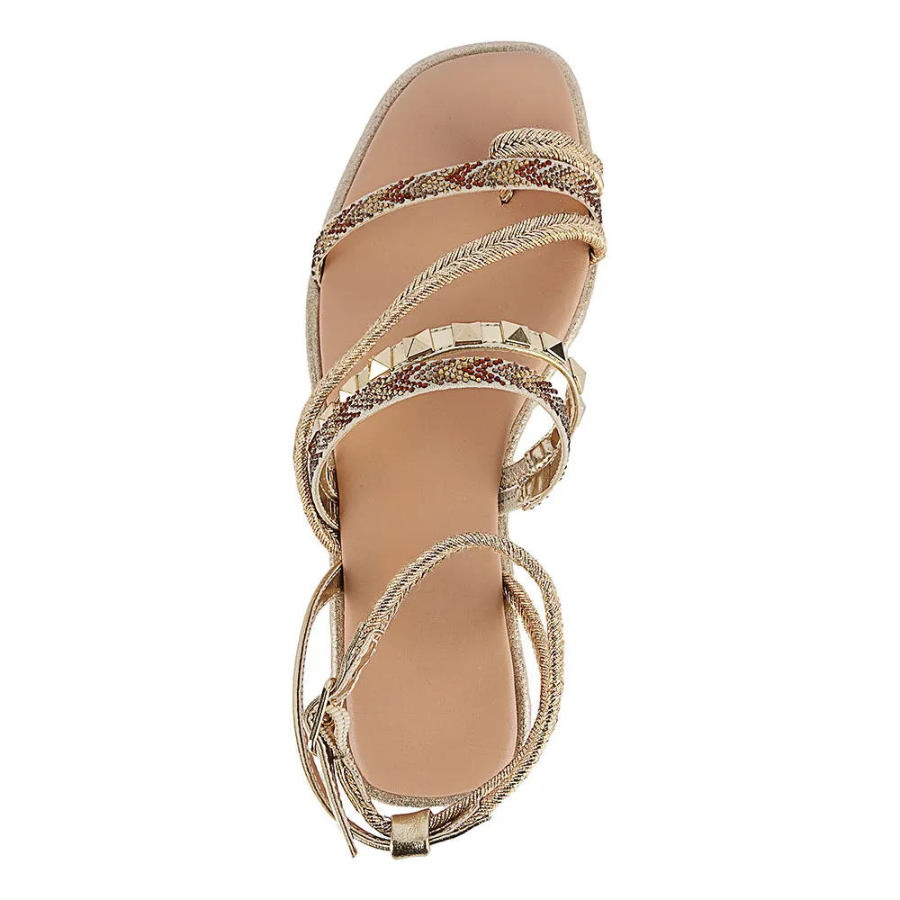 Women's Studded Square&nbsp;Toe Braided Ankle Strap Flat Gold Sandals