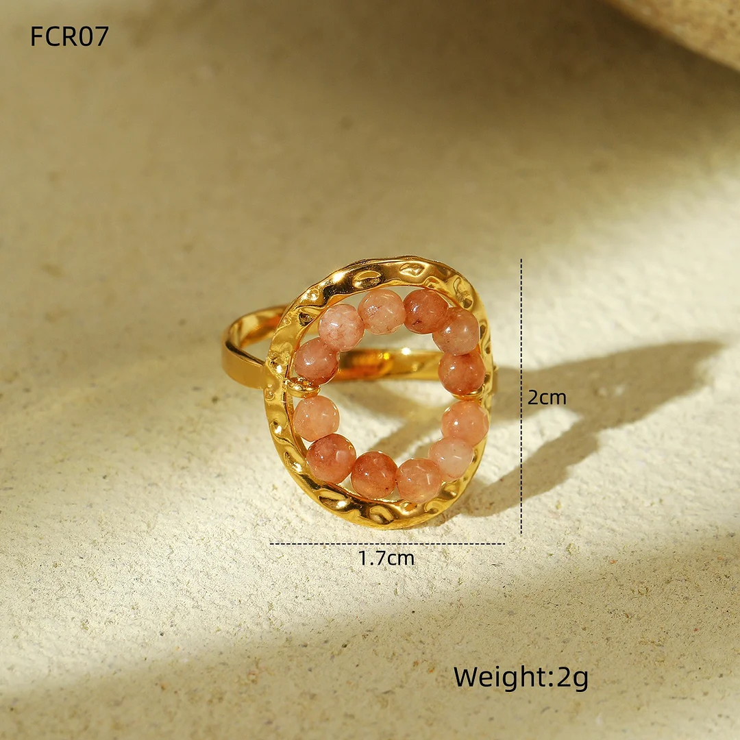 Natural Stone Beaded Open Titanium Steel Ring