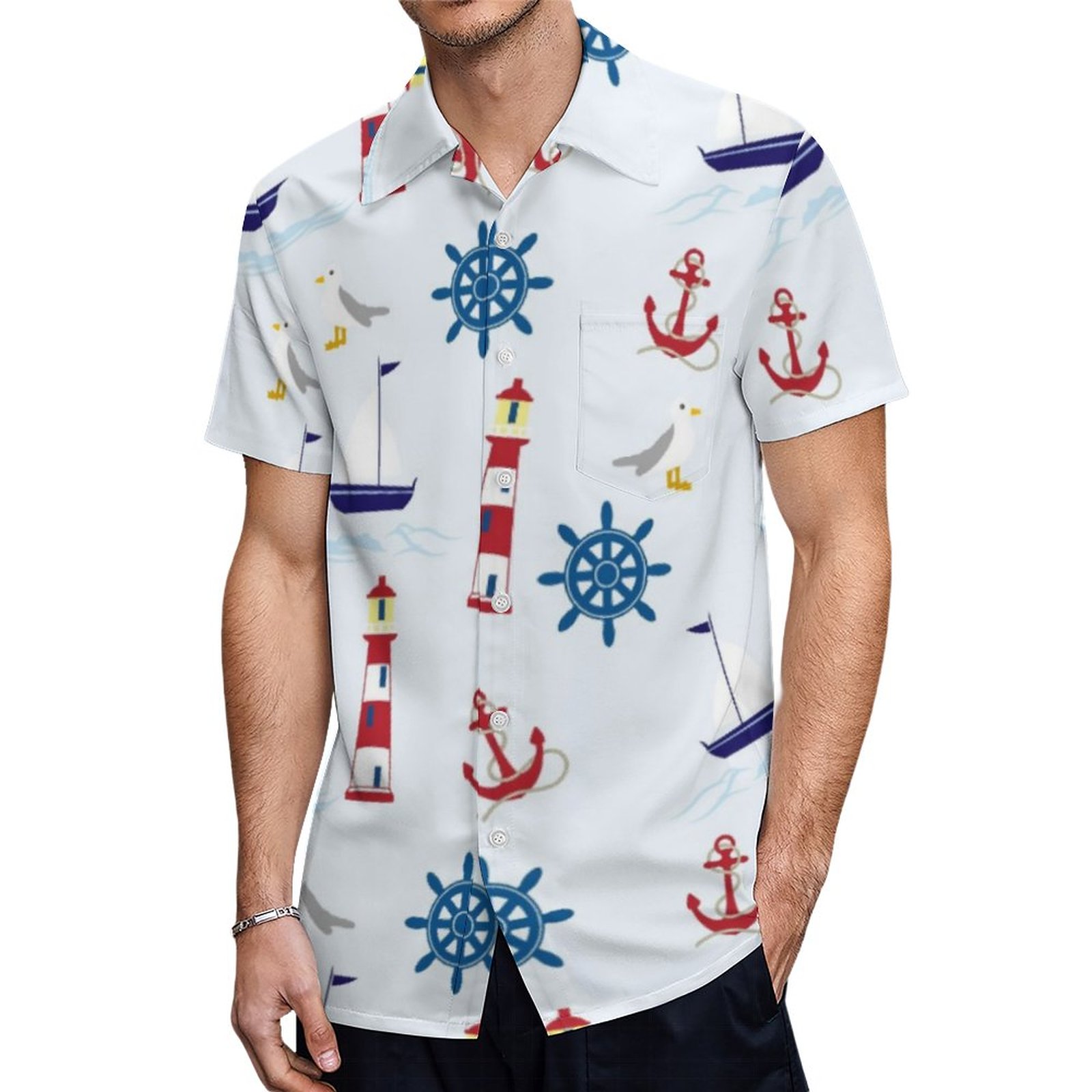 Abstract Anchor Sail Boat Light House Wheel Hawaiian Shirt Mens Button Down Tropical Hawaii Beach Shirts