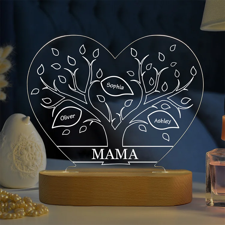 Personalisierte 3 Namen & Text Herz Familienbaum Familie Nachtlicht Geschenk für Großmutter/Mutter zum Muttertag