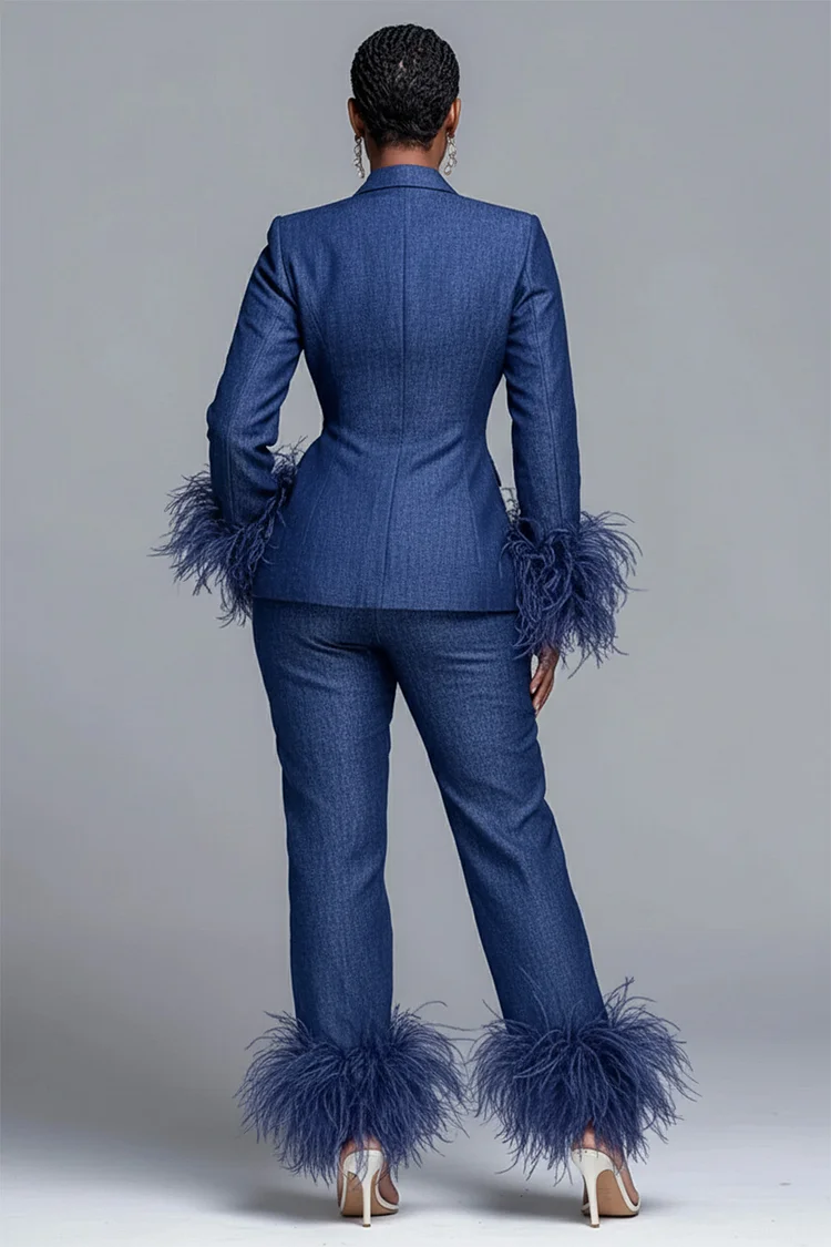 Xpluswear Design Plus Size Formal Blue Lapel Collar Long Sleeve Feather Elegant Tencel Denim Two Piece Pant Suits [Pre-Order]