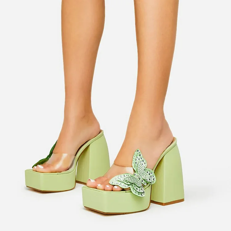Butterfly Green Clear Chunky Heel Platform Mules Vdcoo