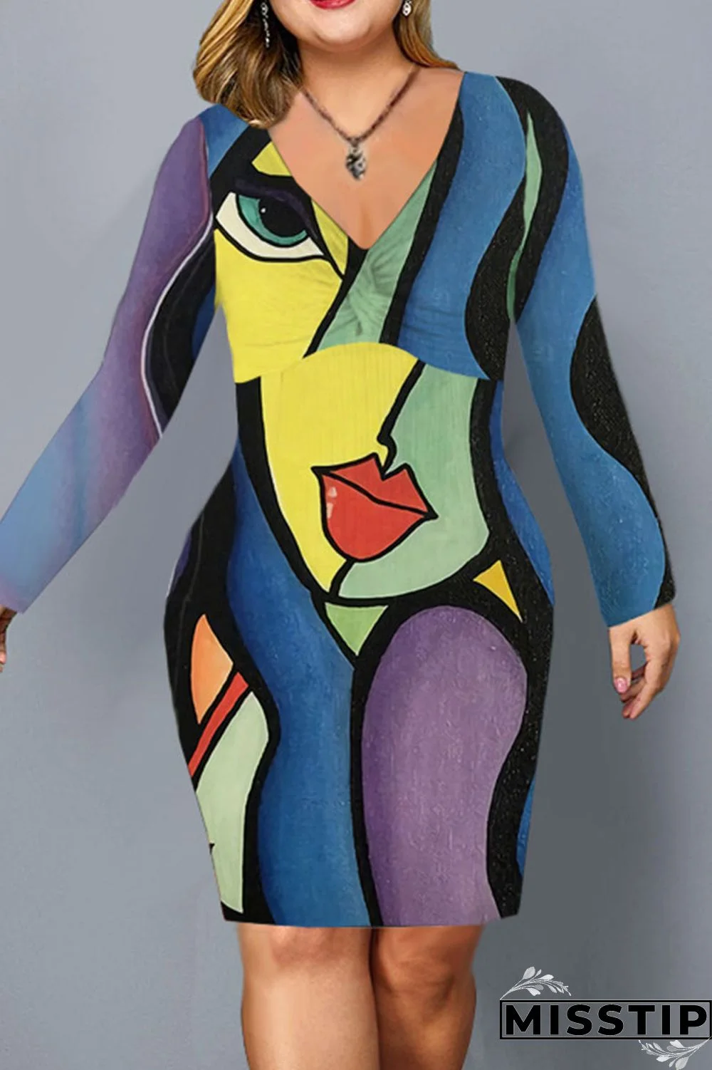 Colour Casual Print Patchwork V Neck Dresses