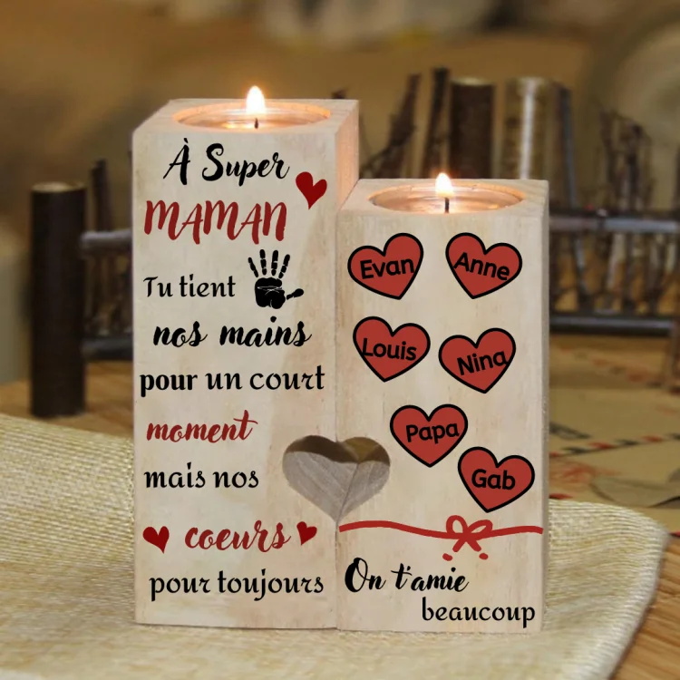 À Maman - Wooden candlesticks without candle 6 Personalized First Name Heart