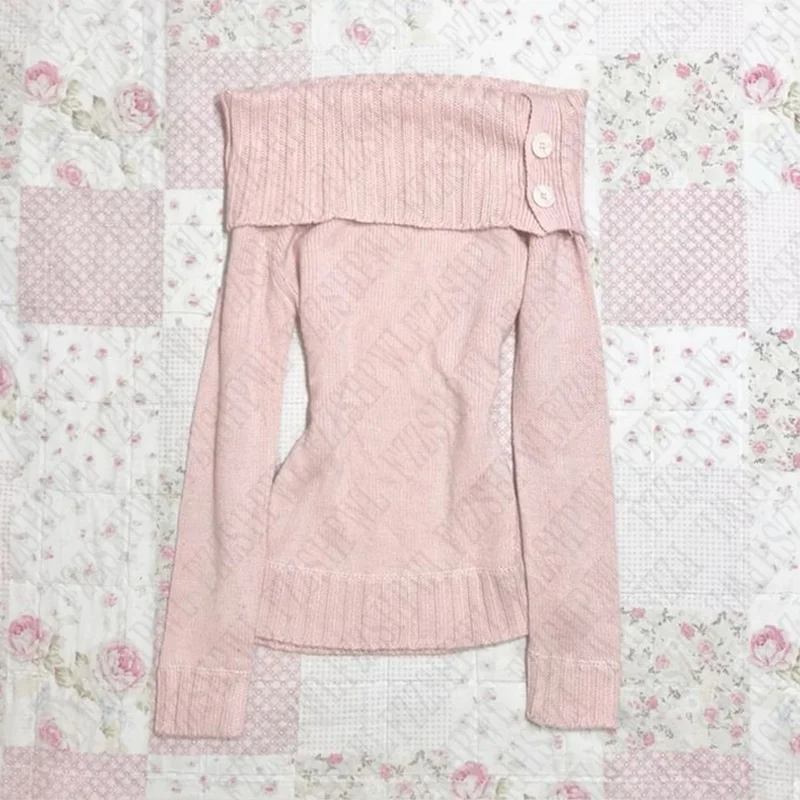 Aonga Kawaii Harajuku casual solid color women's pullover sweater Y2K fashion all-match vintage street cute sweet one-shoulder sweater aonga
