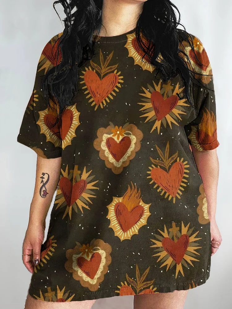 Women's Heart Art Print Crew Neck Causl Shirt