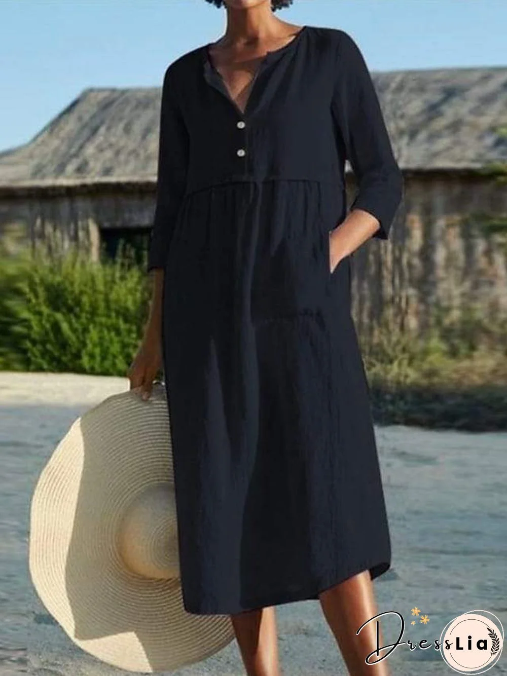 Women's A Line Dress Midi Dress Black Blushing Pink Wine Light Blue 3/4 Length Sleeve Solid Color Pocket Summer Shirt Collar Work Hot Casual Linen S M L XL XXL 3XL 4XL 5XL Linen