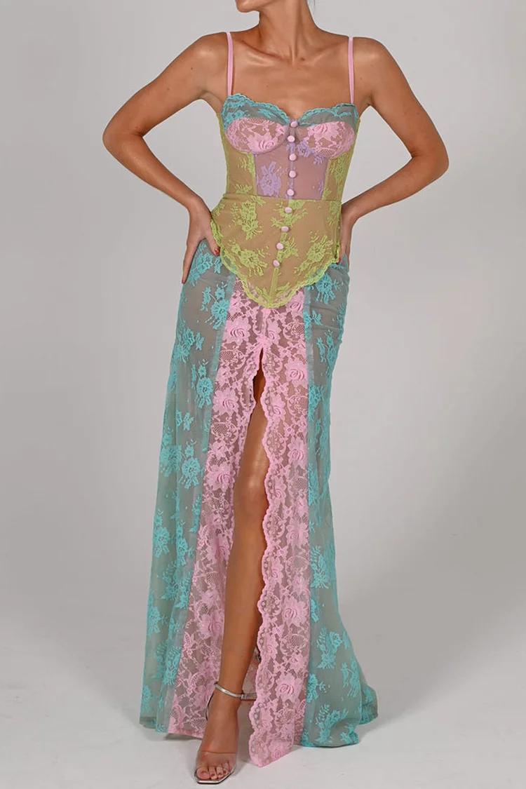 Lace Colorblock Button High Slit Party Slip Maxi Dresses-Blue [Pre Order]