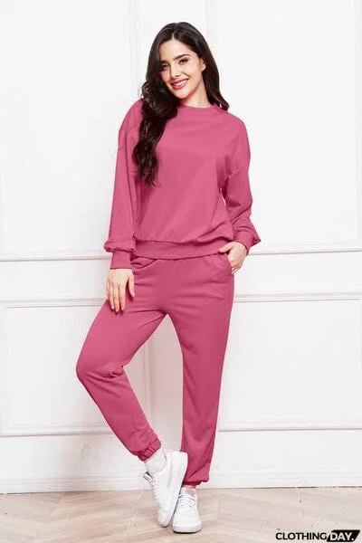 Round Neck Long Sleeve Sweatshirt and Pants Set