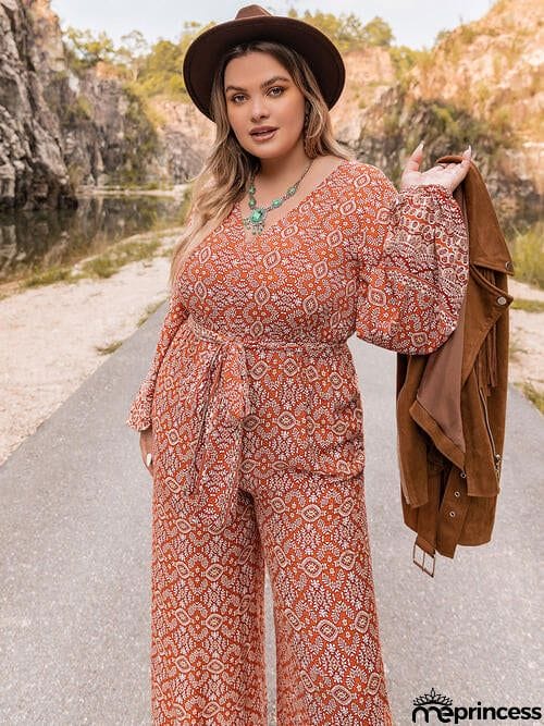 Plus Size Printed V-Neck Tie Front Balloon Sleeve Jumpsuit
