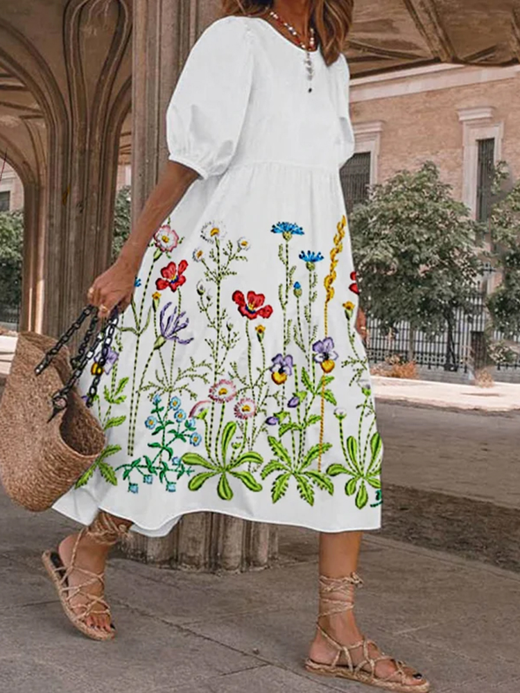 Comstylish Floral Embroidery Art And Spring Daisies Midi Dress