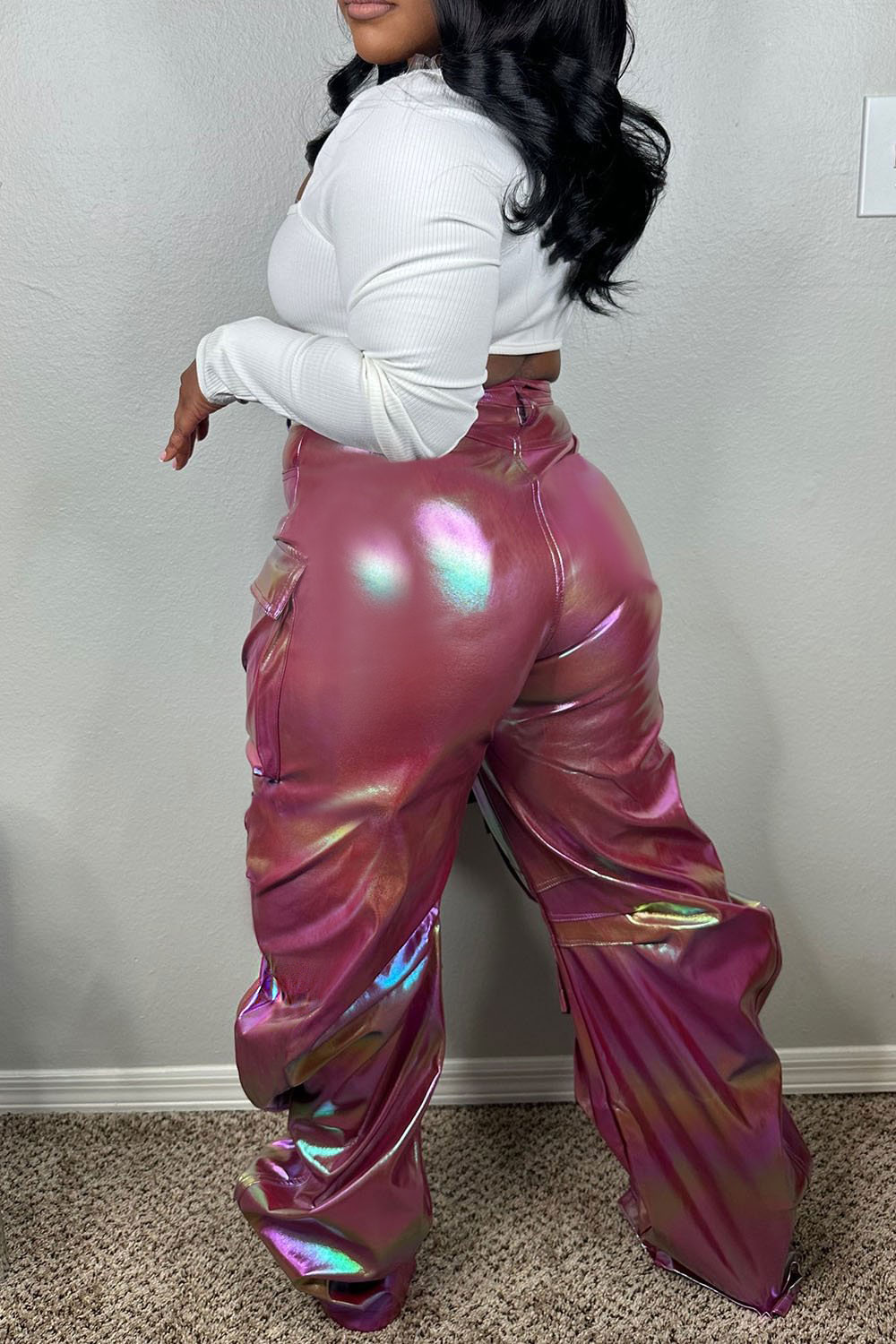 Plus Size Party Pants Casual Rose Fall Winter Cargo Metallic Pants With Pocket