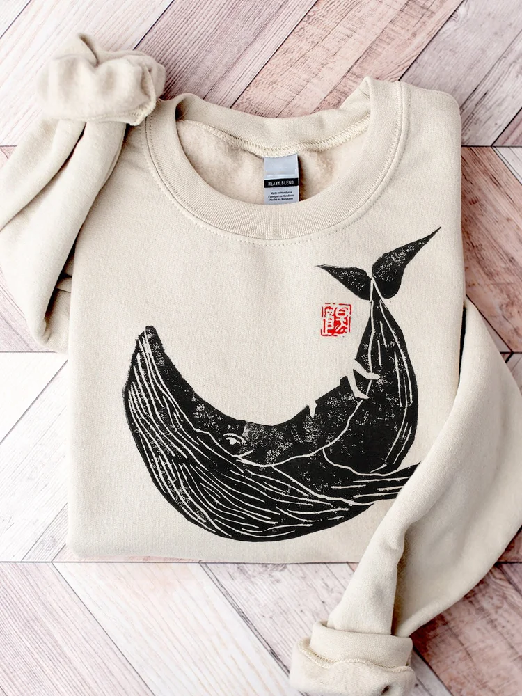 Whale Ancient Japanese Lino Art Comfy Sweatshirt