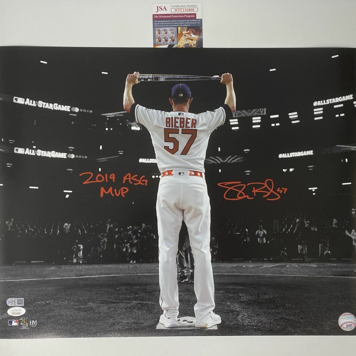 Autographed/Signed SHANE BIEBER 2019 ASG MVP Indians 16x20 Photo Poster painting JSA COA Auto