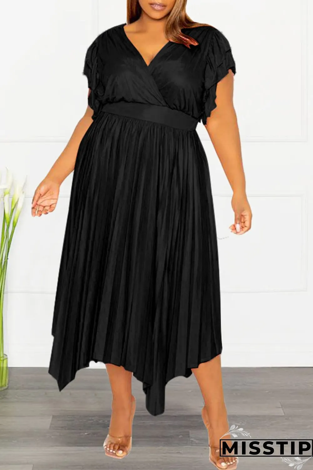Pink Casual Solid Patchwork V Neck Pleated Plus Size Dresses