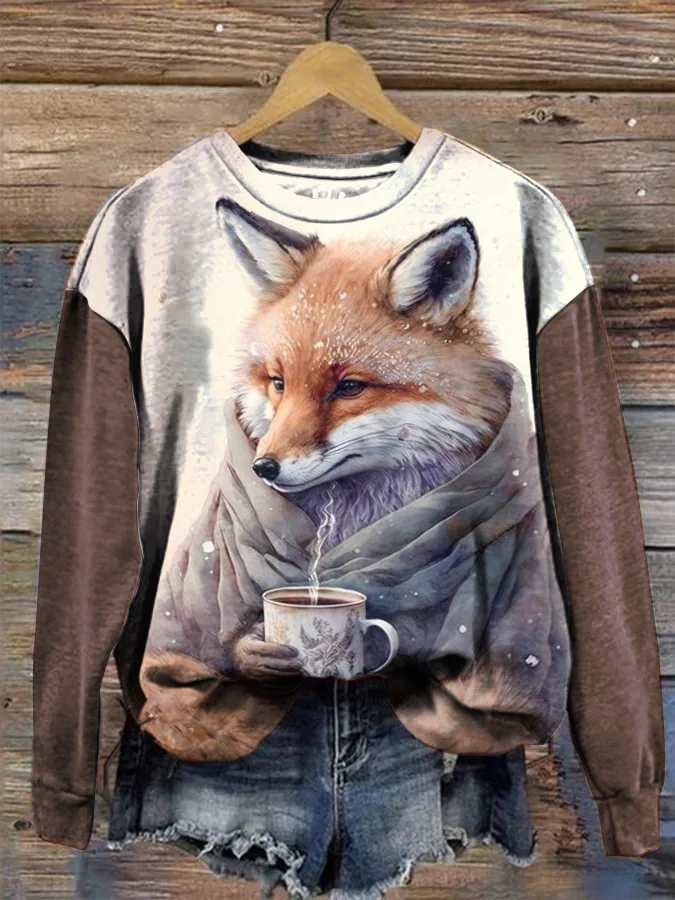 Cozy Fox Print Round Neck Long Sleeve Sweatshirt