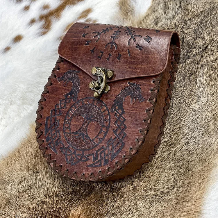 Vintage Medieval Nordic Embossed Leather Belt Bag - tree - Codlins