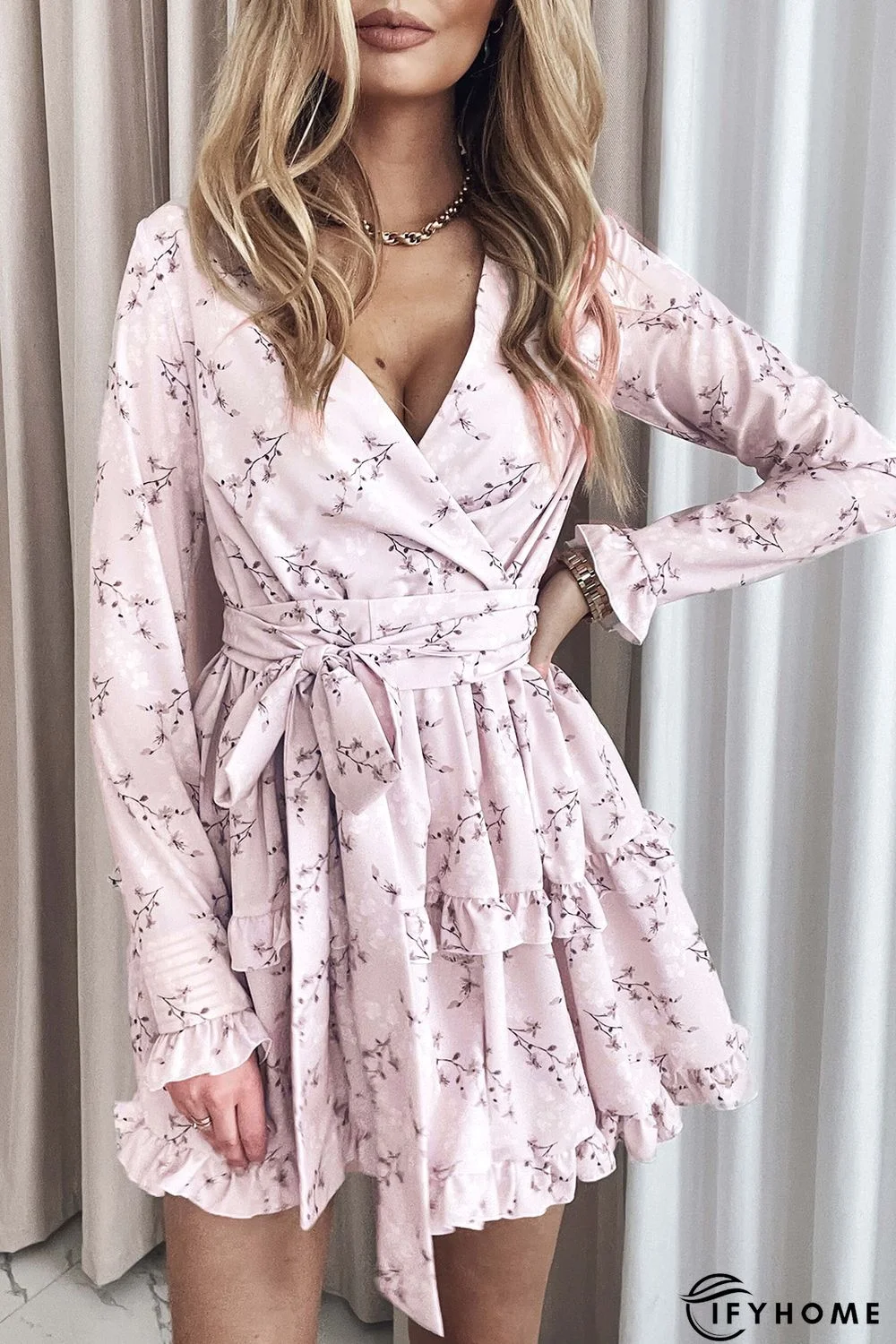 Pink Floral Print Ruffle Hemline Wrap Mini Dress | IFYHOME
