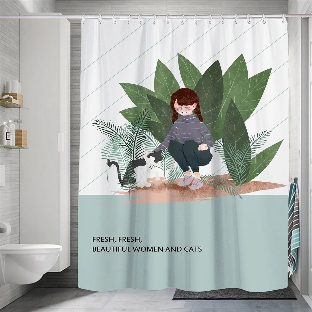 Modern Small Fresh Shower Flower Cat Shower Curtain Polyester Frabic Waterproof Polyester Bathroom Curtain with Hooks Home Decor