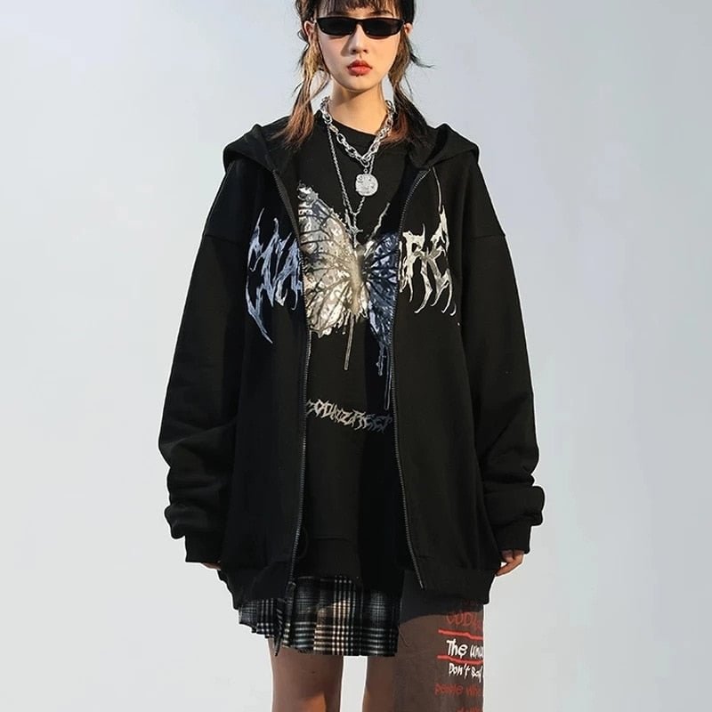 Women Hip Hop Streetwear Hoodies 2021 Autumn Butterfly Print Oversized Hooded Coat Goth Harajuku Y2k Grunge Punk Zipper Jacket