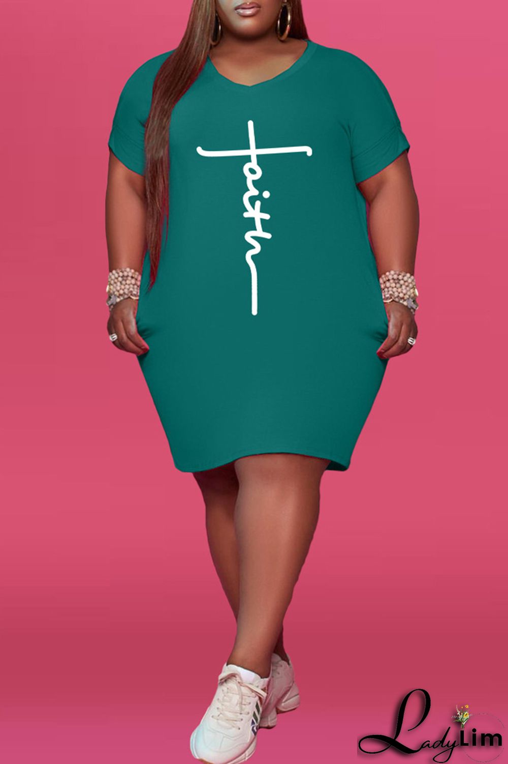 Black Fashion Casual Print Basic V Neck Short Sleeve Dress