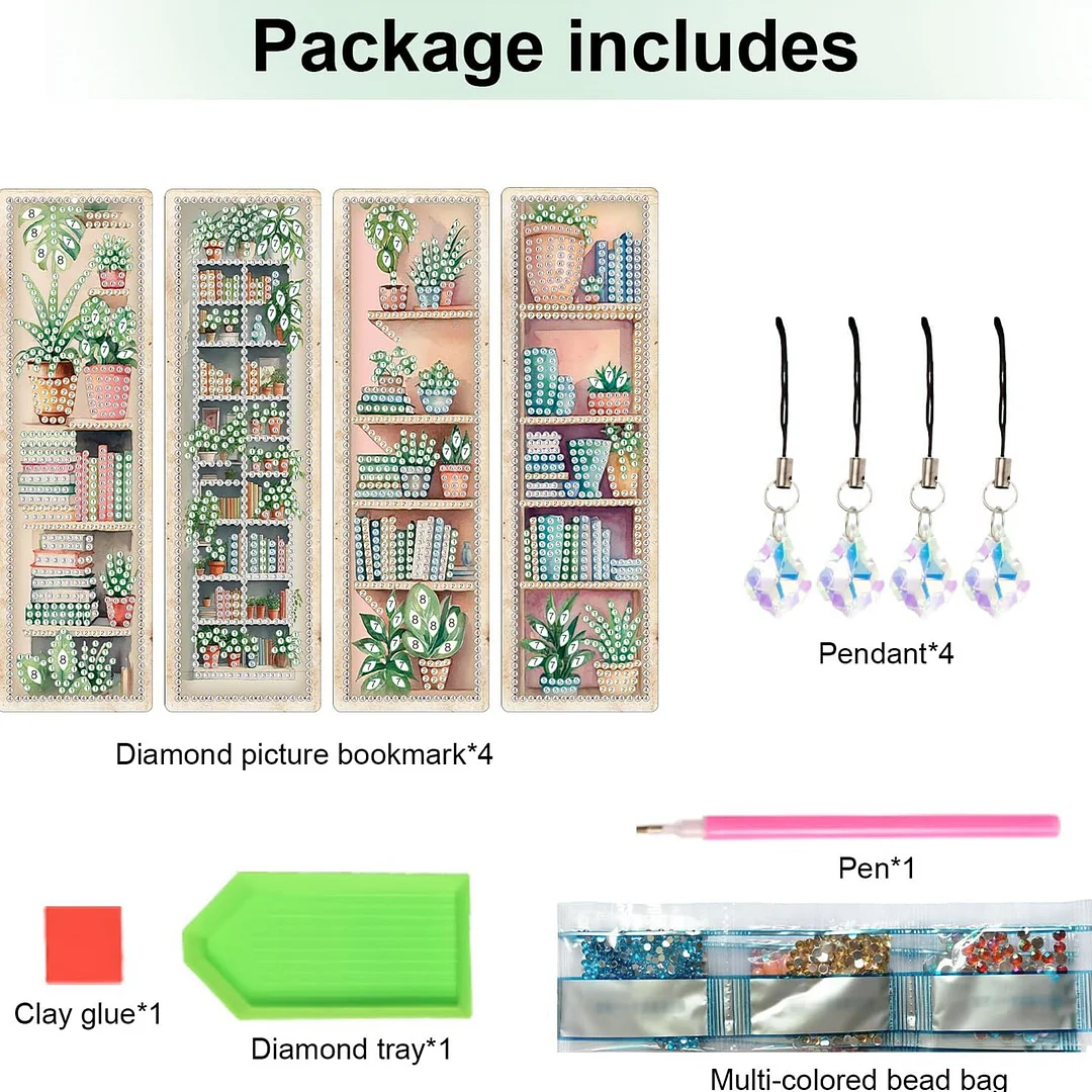 4Pcs Plant DIY Diamond Painting Bookmark Special Shaped Diamond Art Bookmark with Pendant Home Office Supplies Gift for Book Lovers