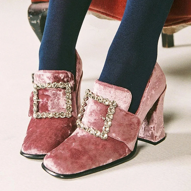 Pink Velvet Chunky Heels Square Toe Rhinestone Buckle Women's Loafers |FSJ Shoes