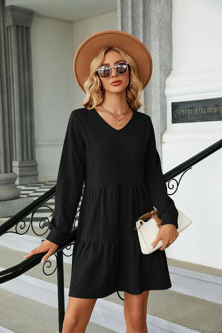 Women's V-Neck Lantern Sleeve Ruffle Trim Flowy Dress