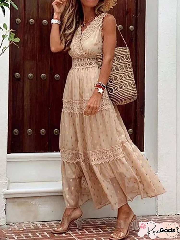 Women Fashion Chic Solid Color Sleeveless Ruffle Dress Sexy Summer Beach Party Dress Lady Elegant Sling V-Neck Lace Long Dresses