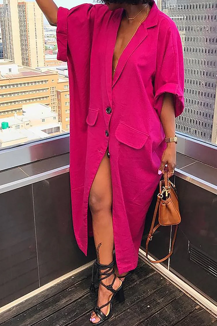 Plus Size Casual Dress Pink V Neck Solid Button Midi Dress 