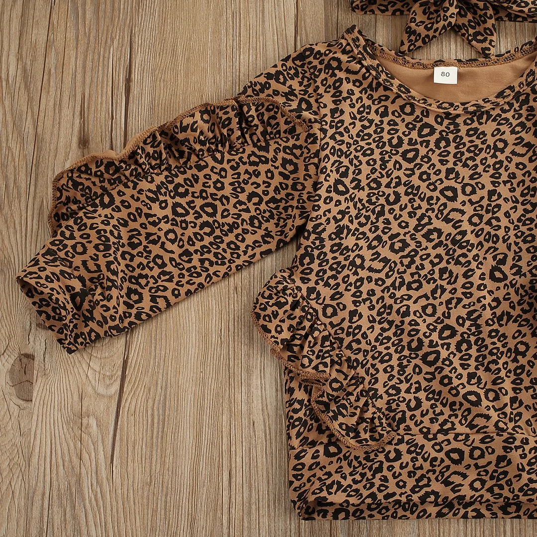 2020 Baby Spring Autumn Clothing Kid Baby Girl Clothes Ruffle Leopard Long Sleeve Shirt Tops Leggings Pants Outfit Set Tracksuit