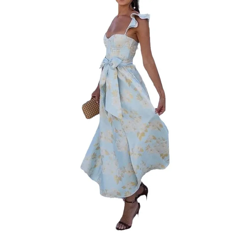 Uveng Uveng Women's New Fashion Floral Print Open Fork Waist Hanging Dress