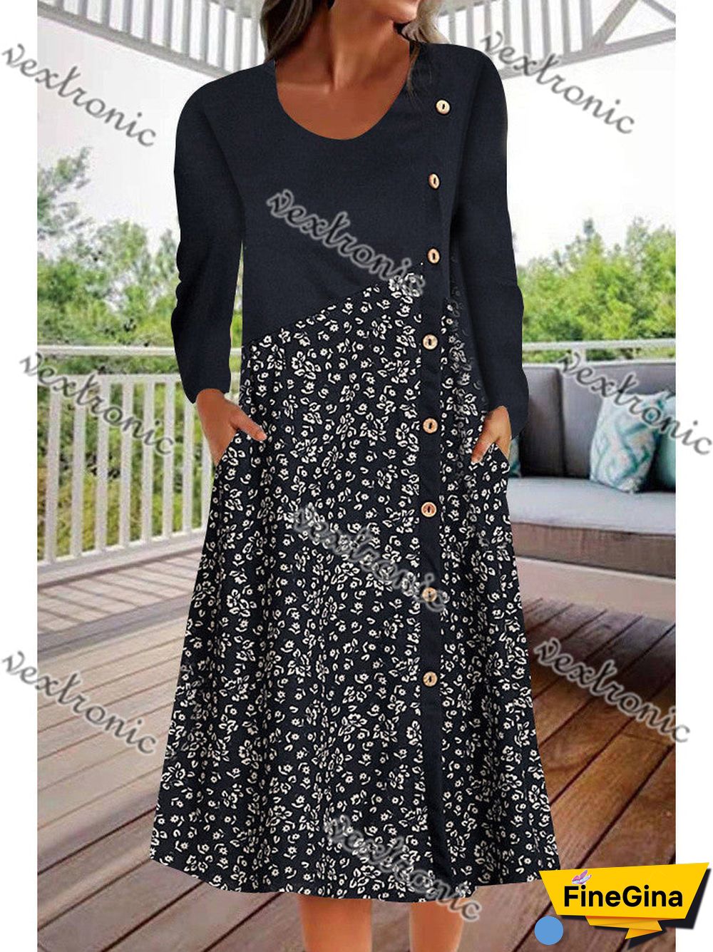 Women Long Sleeve Scoop Neck Printed Buttons Midi Dress