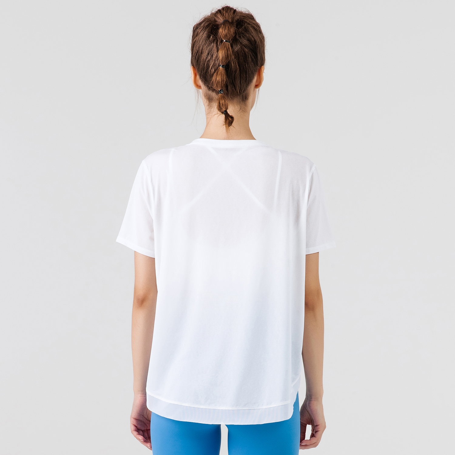 Buy round neck loose fitting quick dry soft comfy lightweight see through transparent mesh yoga gym tee shirts of high quality on Hergymclothing White