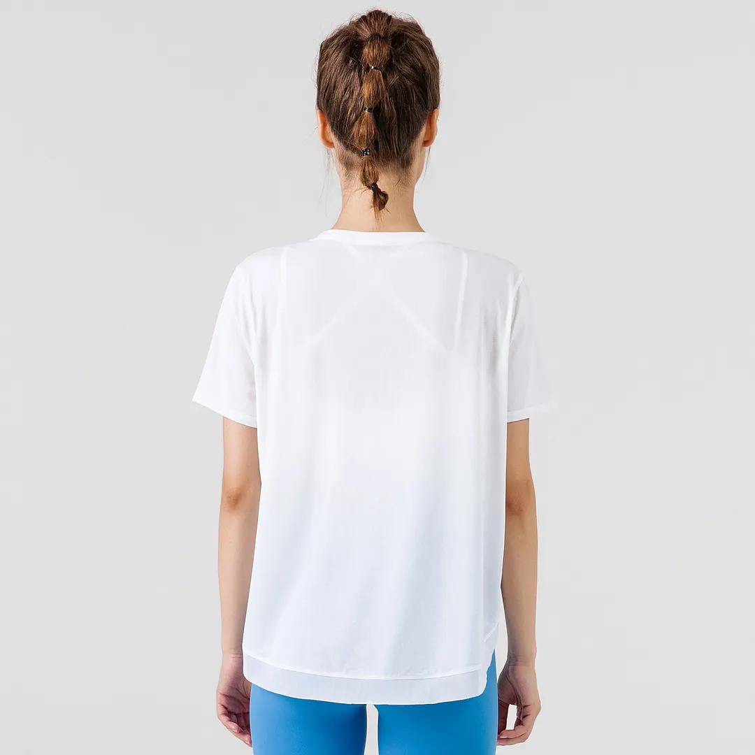 Buy round neck loose fitting quick dry soft comfy lightweight see through transparent mesh yoga gym tee shirts of high quality on Hergymclothing White