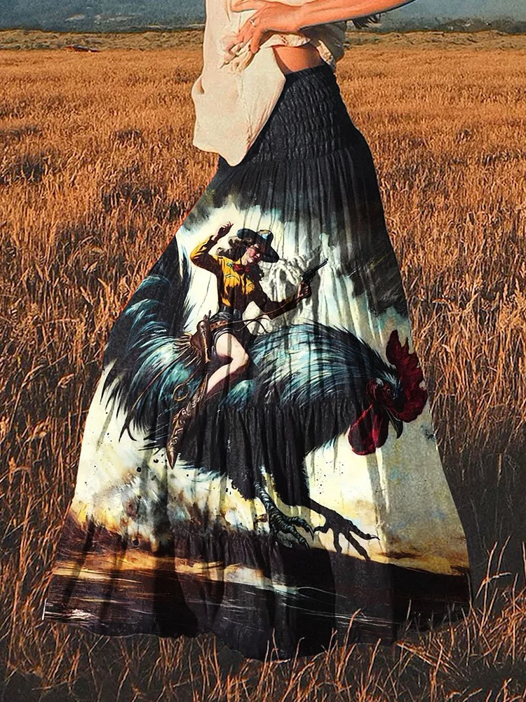 Women's Vintage Wild West Cowgirl Rooster Print Cotton Pocket Skirt