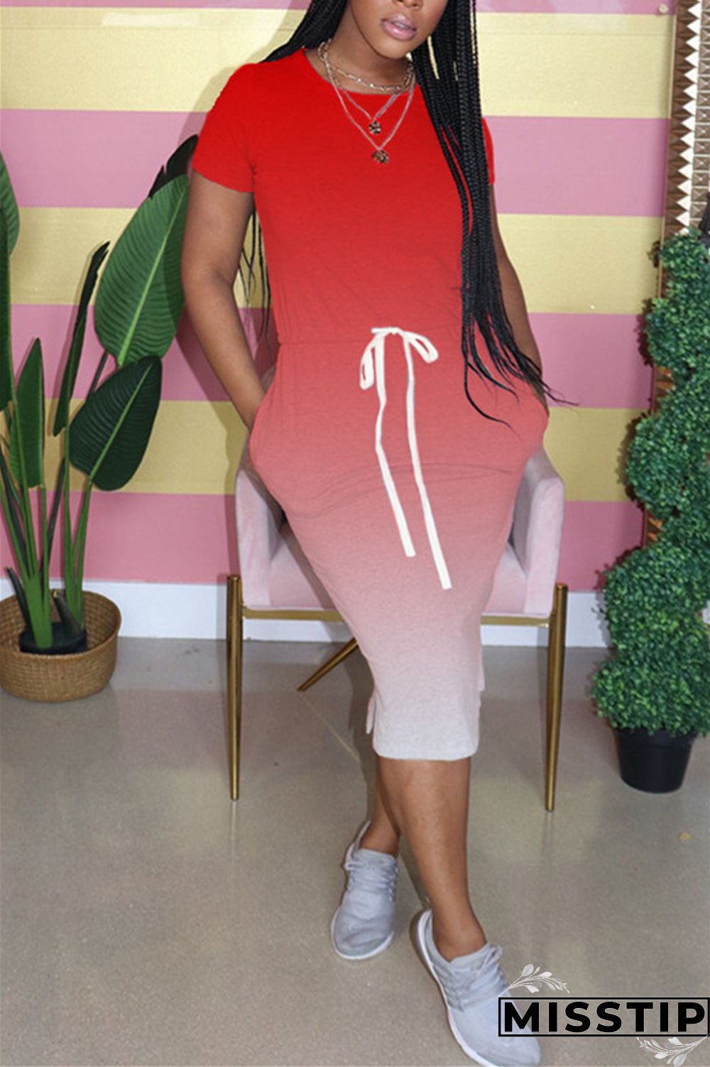 Orange Fashion Gradient Printed Short Sleeve Dress