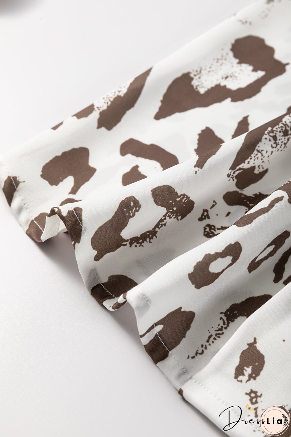 Khaki Leopard Print Split Neck Balloon Sleeve Blouse