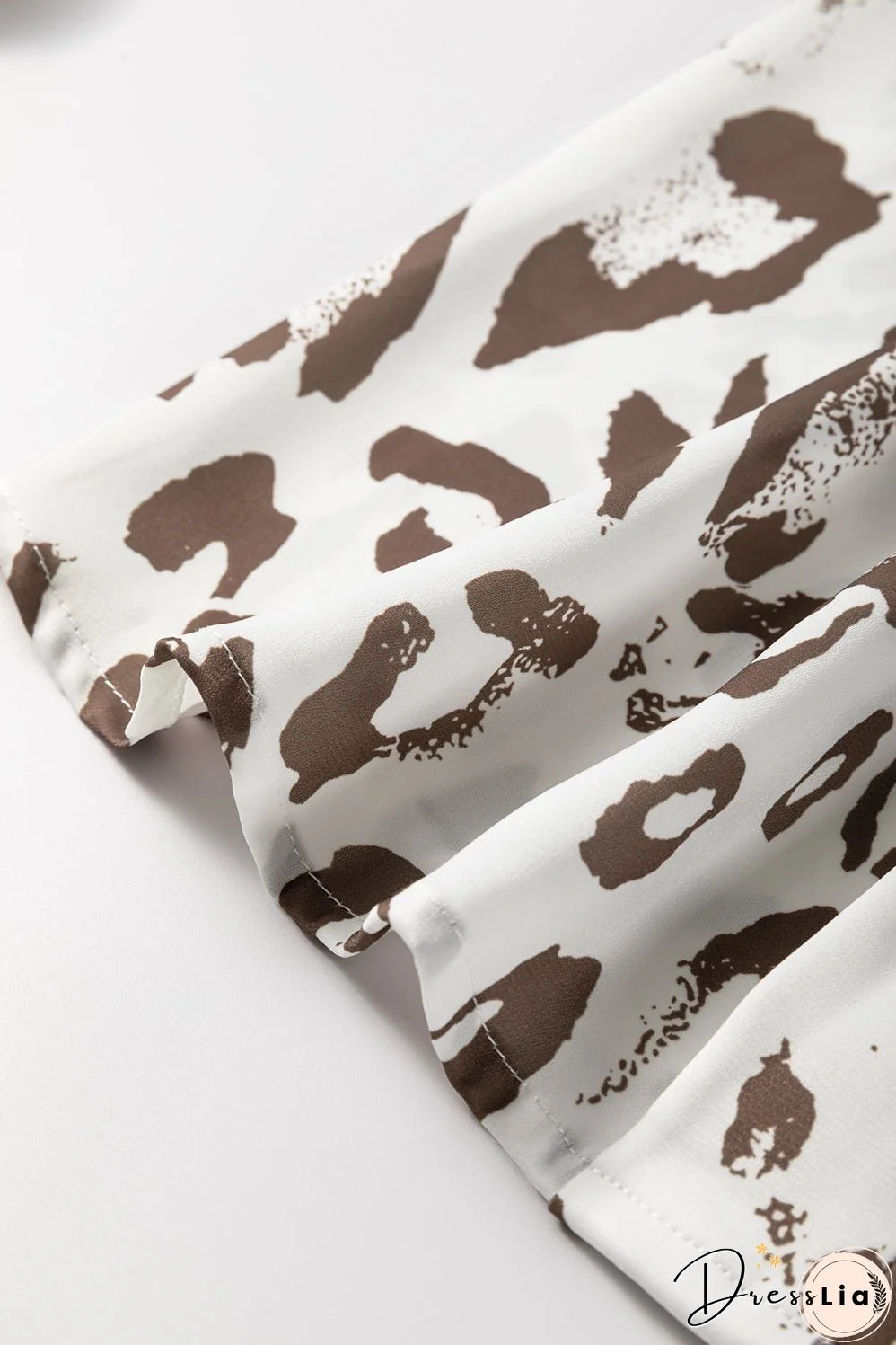 Khaki Leopard Print Split Neck Balloon Sleeve Blouse